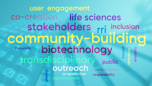 A word cloud with words that relate to this award such as community-building, biotechnology, etc