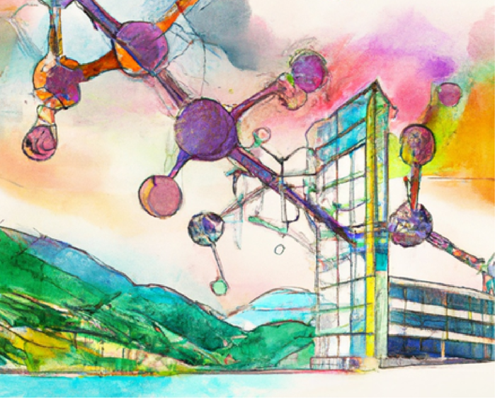A pencil and watercolour painting of an atomic model construction growing through a tall glass building and reaching into the sky