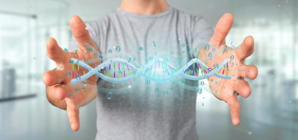 Mann som holder DNA med binærkode i hendene. Foto: Colourbox.