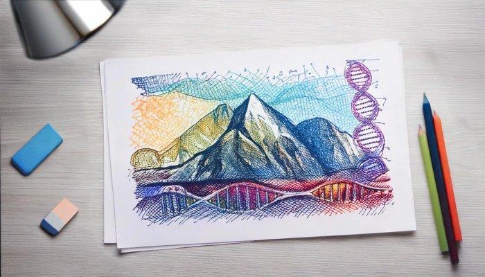 A sketch of a landscape with a DNA helix lying on a desk