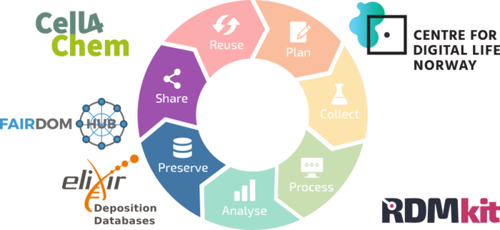 research data management life cycle, DLN logo, RDMkit logo, FAIRdom Hub logo, ELIXIR Data deposition databases logo