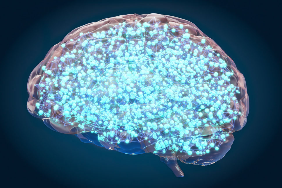 3D rendering of brain with illuminated signals.