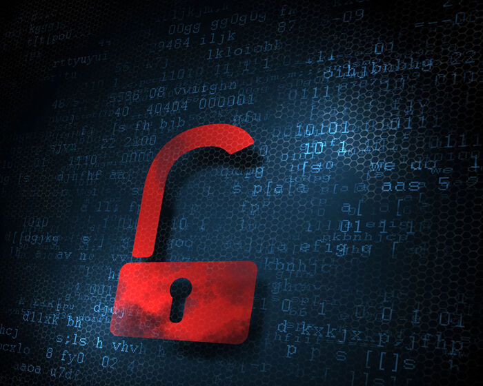 Illustration of open, red lock on blue background with unreadable letters and numbers