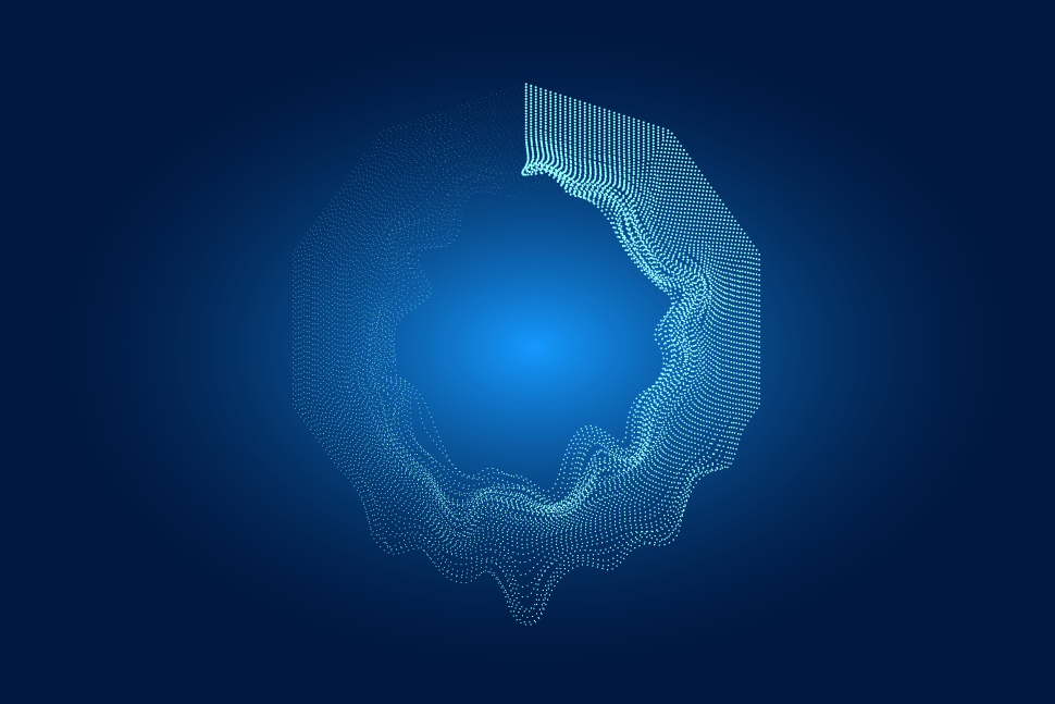 Deformed cycle shape of small particles on blue background
