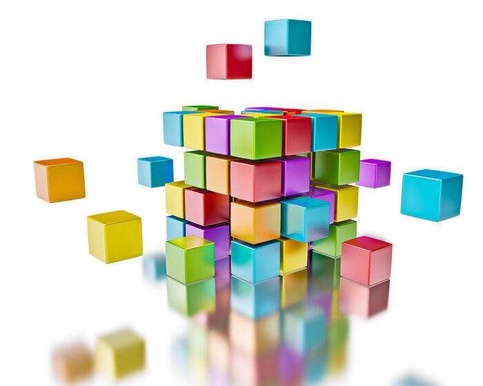 Colourful squares are assembled into one larger square
