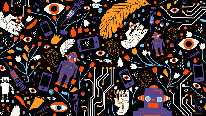 Picture of smartphones, robots, plants, eyes