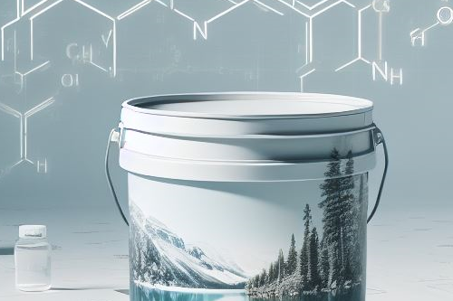 A paint bucket with a picture of nature on it and chemical structures above it.