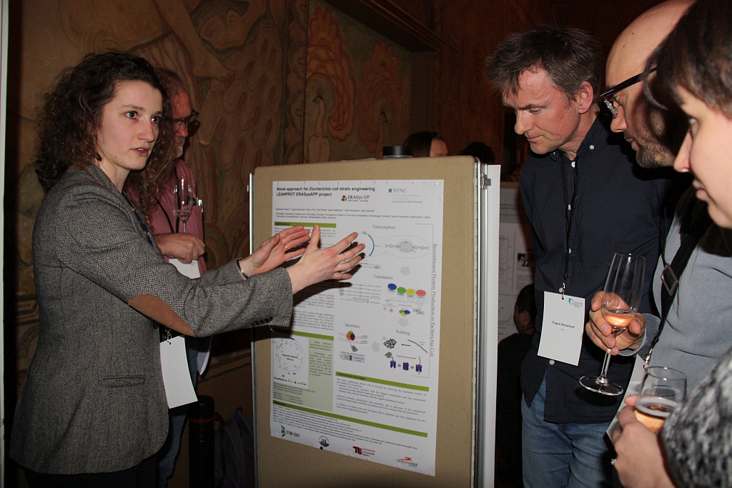 A woman explaining information on a poster to an audience