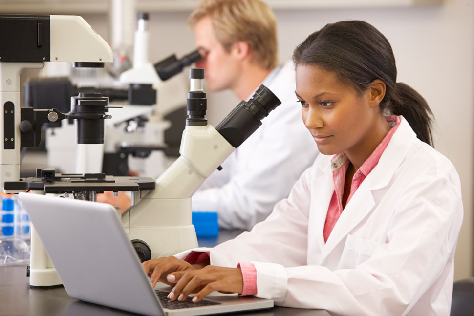 Male and female researchers in lab